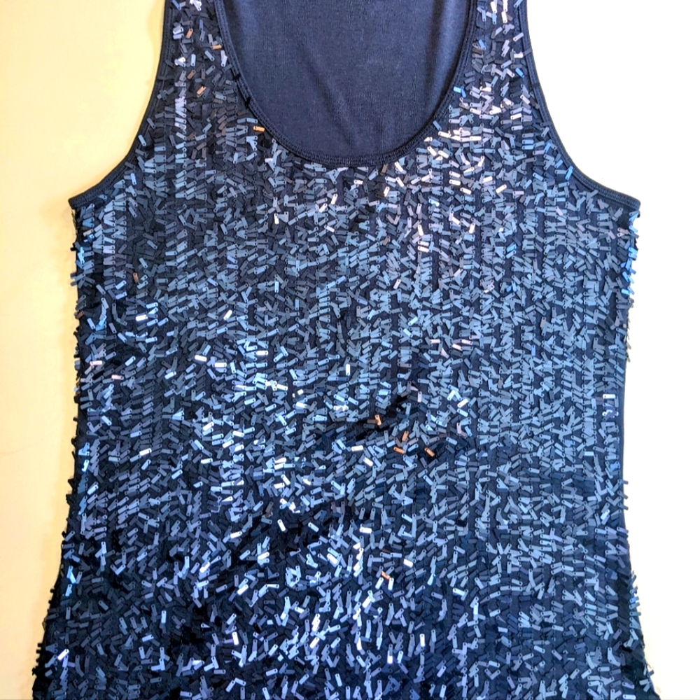 Fancy Sequined tank top. Navy blue. Oblong, reflective sequins. Wore once.